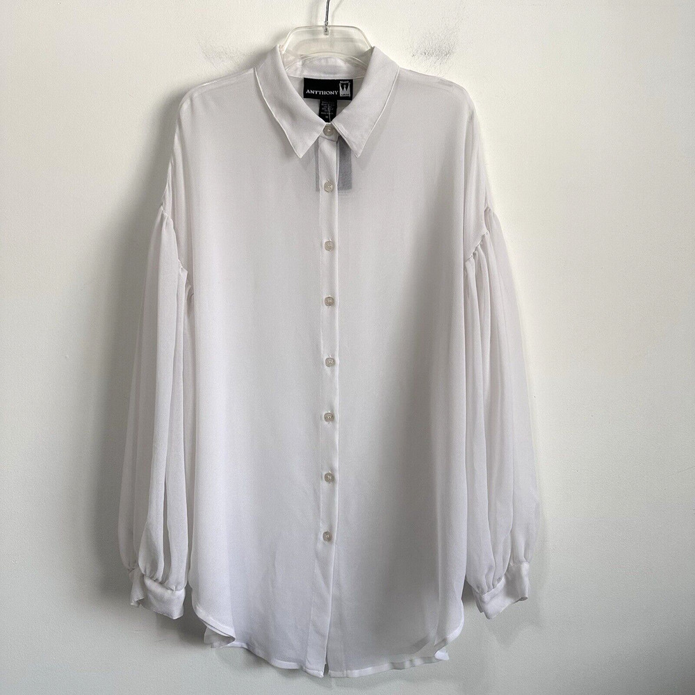 Antthony Original‎ Tunic Blouse M Sheer White Button Front Balloon Sleeve NEW